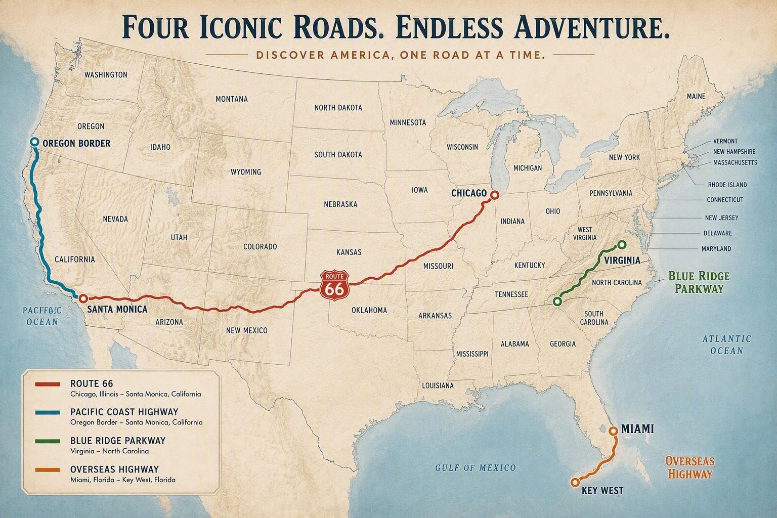 Map of Route 66, Pacific Coast Highway, Blue Ridge Parkway and Overseas Highway across the United States