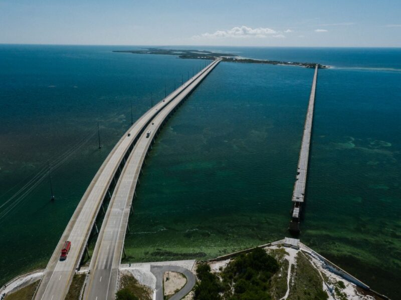 Aerial view of the Seven Mile Bridge above the sea